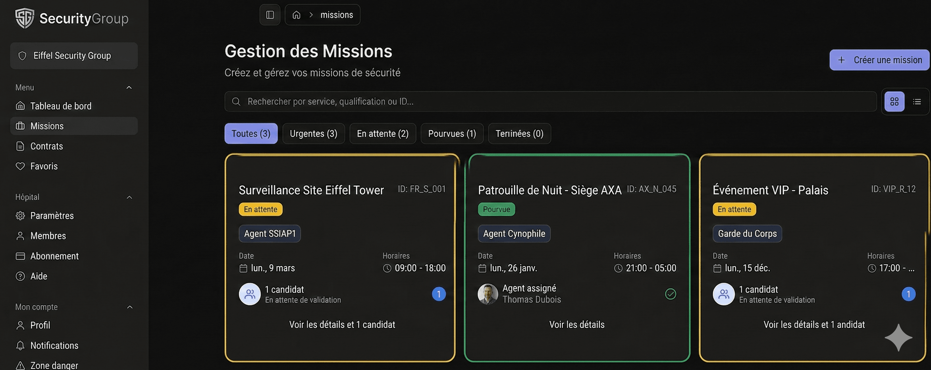 Gestion des missions - Tableau de bord Pulseo